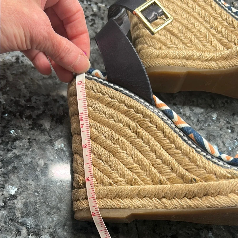 Tory Burch Navy & Orange Geometric Espadrille Wedge Sandals